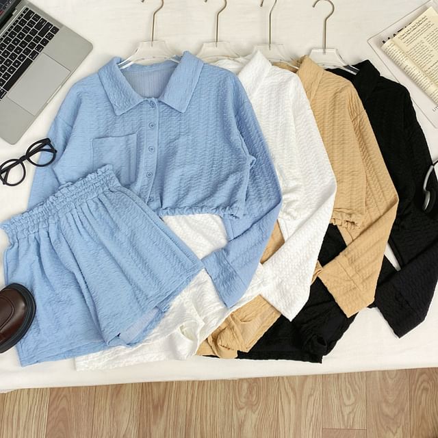 Iasia-Set Long-Sleeve Collared Plain Button Up Crop Top High Waist Plain Shorts