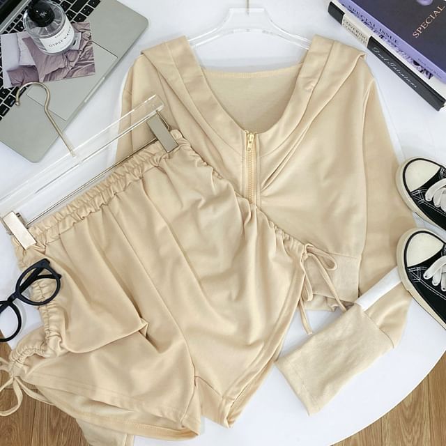 Iasia-Set Plain Zip-Up Hoodie Shorts