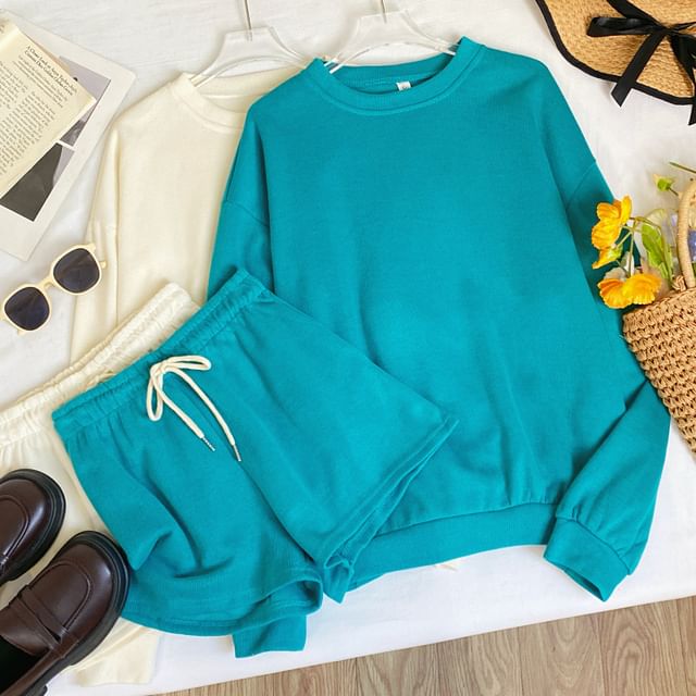 Iasia-Set Round Neck Plain Sweatshirt Drawstring Waist Shorts