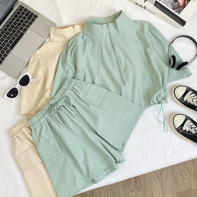 Iasia-Set Short Sleeve Stand Collar Plain Drawstring Zip Top Drawstring Waist Cargo Shorts