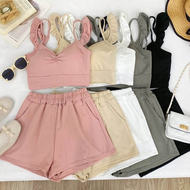 Iasia-Set Sleeveless Plain Crop Top Shorts