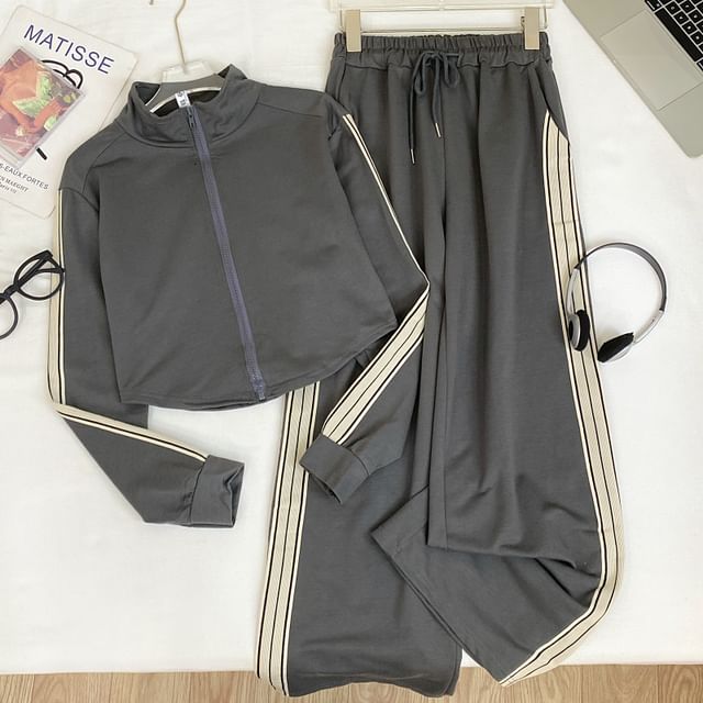 Iasia-Set Stand Collar Striped Zip Jacket Drawstring Waist Wide Leg Sweatpants