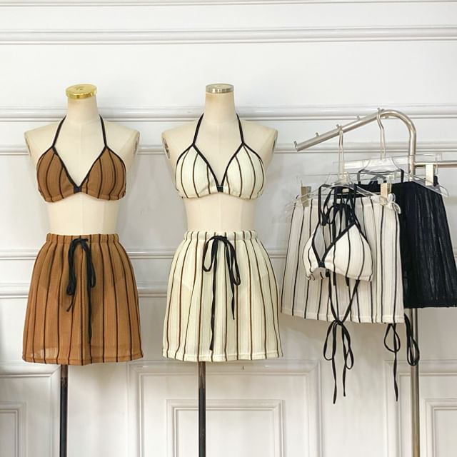 Iasia-Set Striped Bra Top Drawstring Mini Skirt