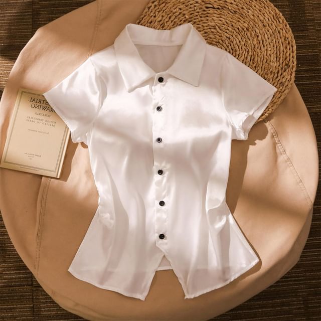 Iasia-Short-Sleeve Collared Button-Up Plain Slit Satin Blouse