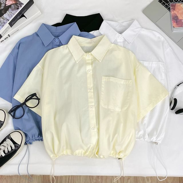 Iasia-Short-Sleeve Collared Drawstring Waist Button-Up Plain Crop Blouse