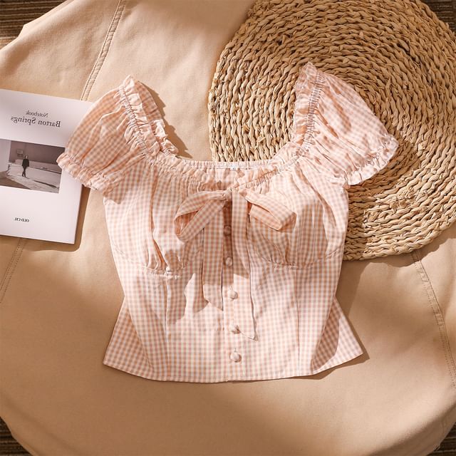 Iasia-Short-Sleeve Gingham Bow Cropped Blouse