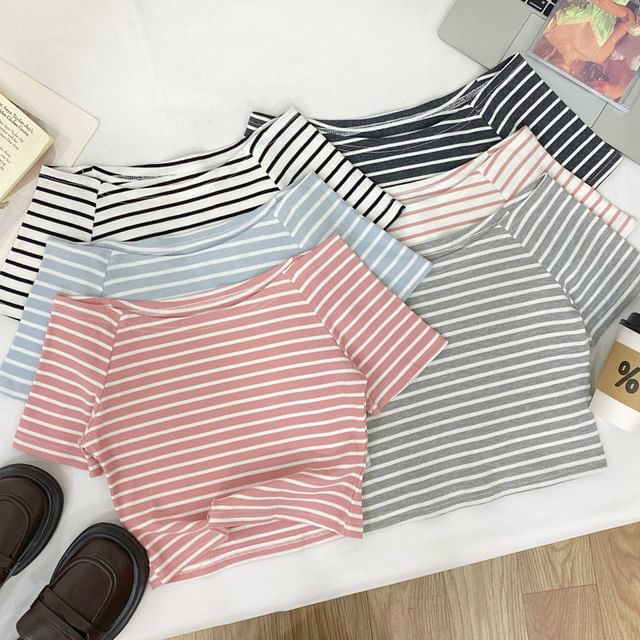 Iasia-Short-Sleeve Off Shoulder Striped Crop Tee