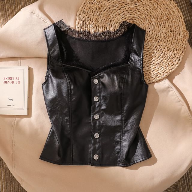 Iasia-Sleeveless Faux Leather Button-Up Top