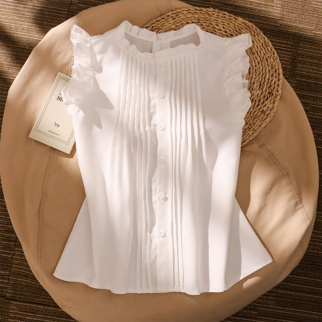 Iasia-Sleeveless Round Neck Plain Pintuck Ruffle Blouse