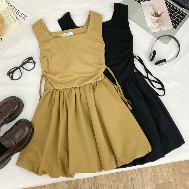 Iasia-Sleeveless Square Neck Plain Drawstring Mini A-Line Dress