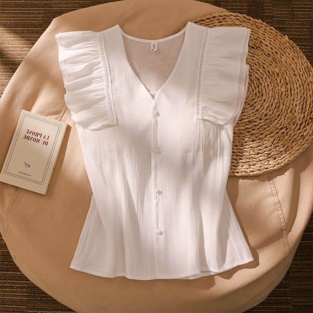 Iasia-Sleeveless V-Neck Plain Ruffle Blouse