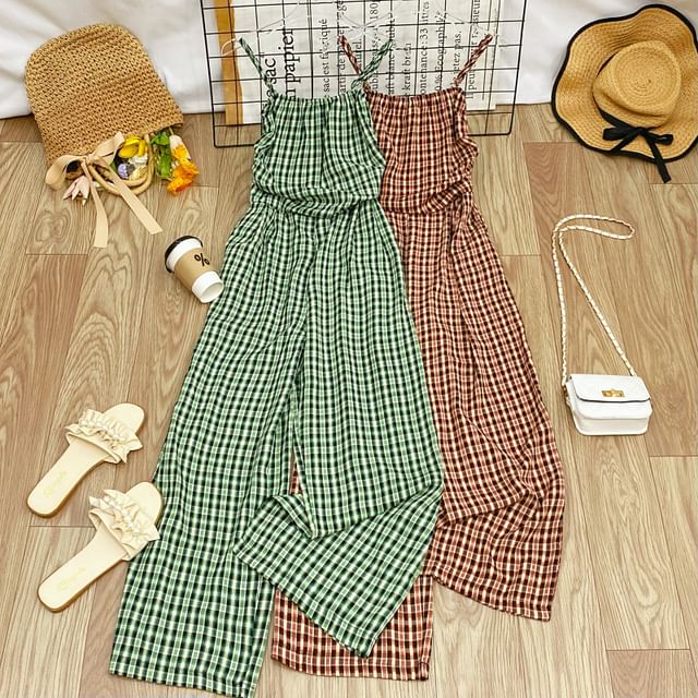 Iasia-Spaghetti Strap Plaid Wide Leg Jumpsuit