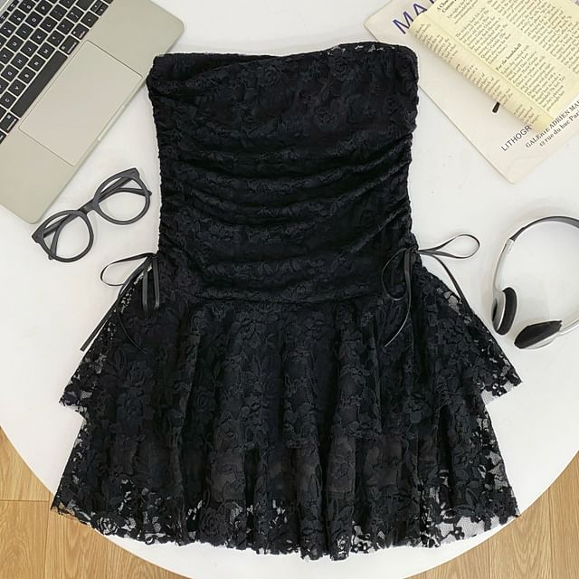 Iasia-Strapless Drawstring Ruched Lace Mini A-Line Dress