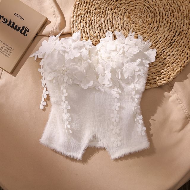 Iasia-Strapless Lace Slit Hem Plain Crop Top