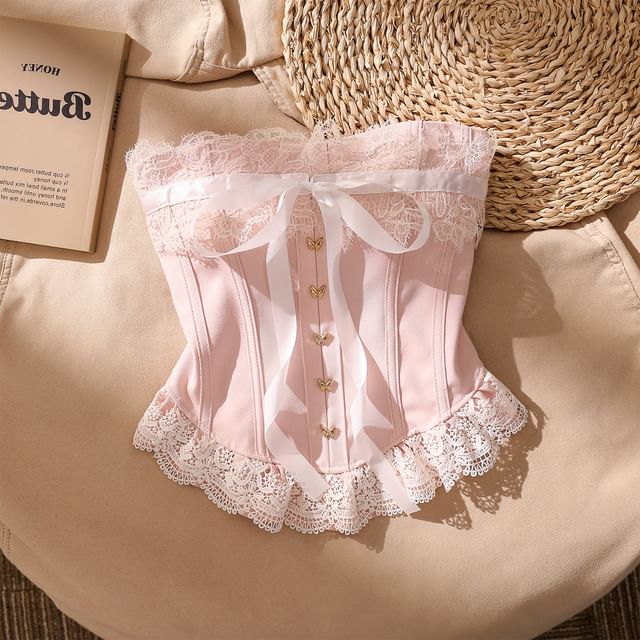 Iasia-Strapless Lace Trim Corset Top