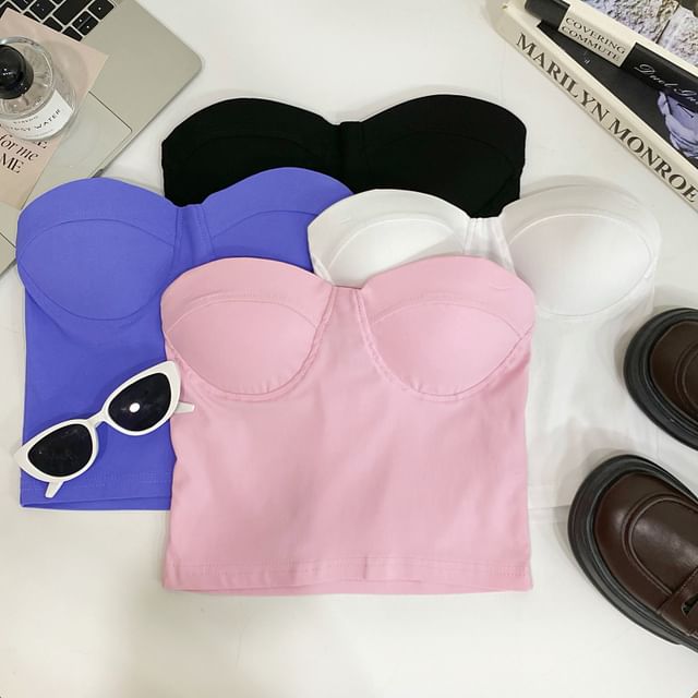 Iasia-Strapless Sweetheart Neckline Plain Crop Top