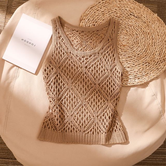 Iasia-U-Neck Crochet Plain Tank Top