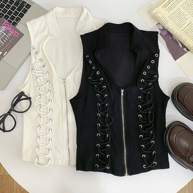 Iasia-V-Neck Collared Zip-Up Plain Crop Vest