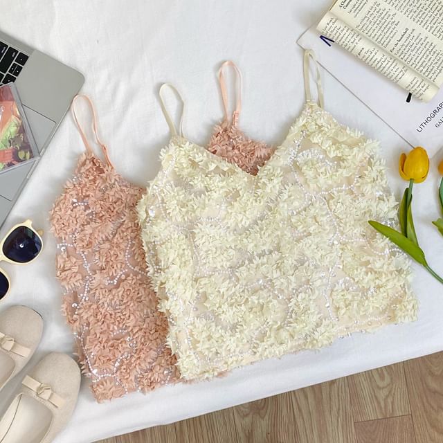Iasia-V-Neck Sequin Panel Mesh Camisole Top