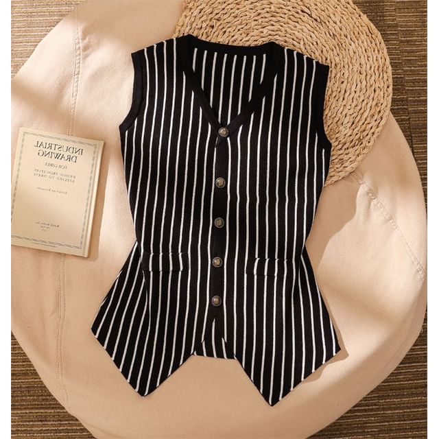 Iasia-V-Neck Striped Button-Up Sweater Vest