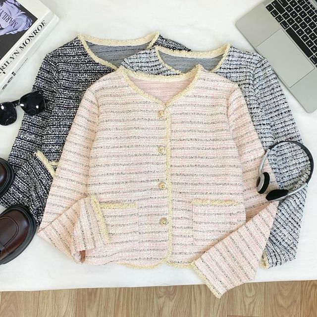 Iasia-V-Neck Striped Button Up Tweed Jacket