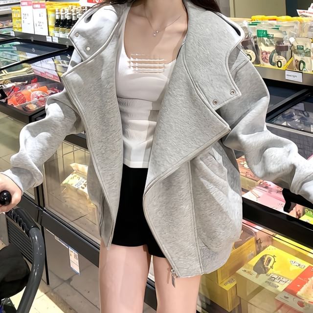 Iduna-Asymmetrical Zip-Up Plain Hoodie