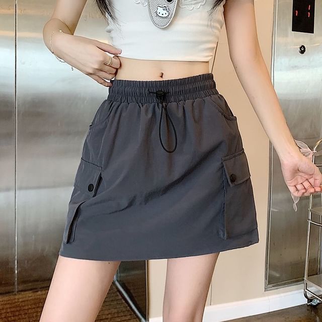 Iduna-Drawstring Waist Plain Mini A-Line Cargo Skirt