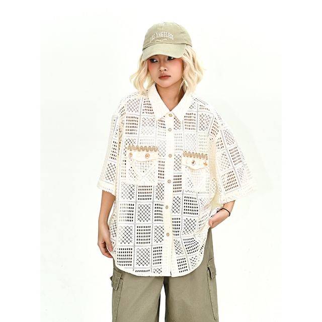 Iduna-Elbow Sleeve Collared Cutout Flap Pocket Shirt