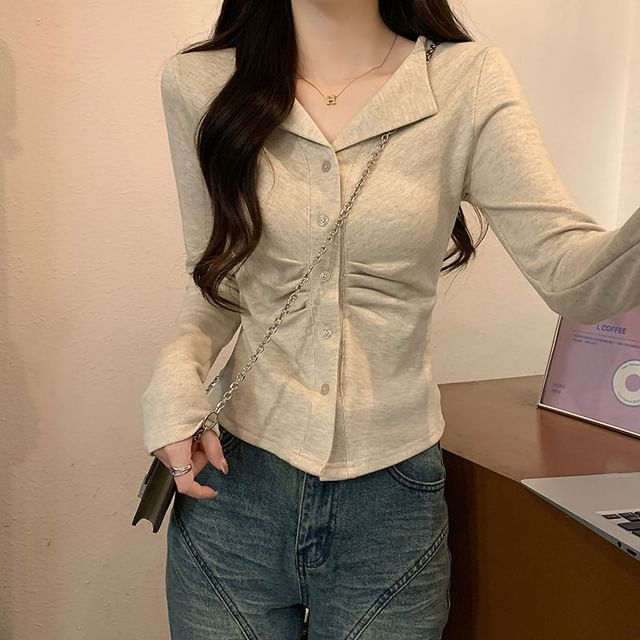 Iduna-Long-Sleeve Split Neck Ruched Button-Up Plain Slim Fit Top