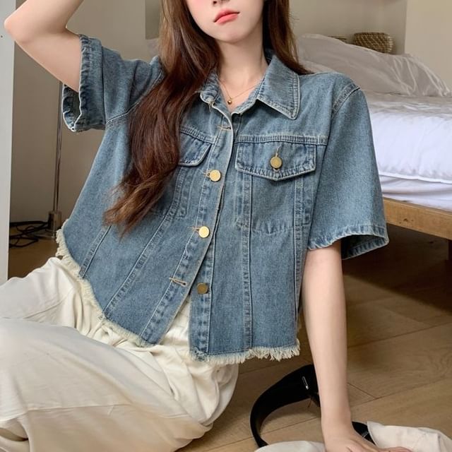 Iduna-Short-Sleeve Collar Fringed Denim Button Jacket