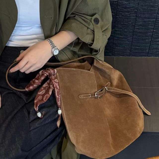 Indenis-Buckled Faux Suede Shoulder Bag