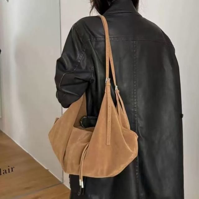 Indenis-Buckled Faux Suede Shoulder Bag