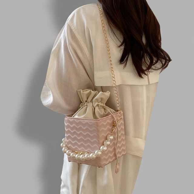 Indenis-Drawstring Faux Pearl Strap Bucket Bag