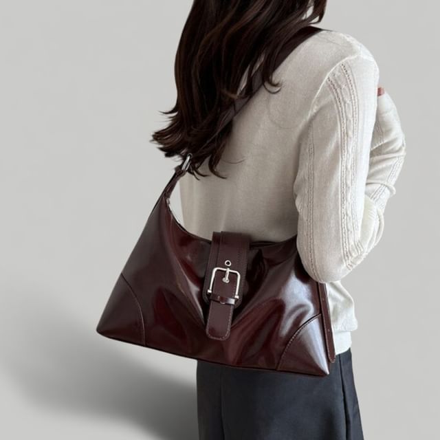 Indenis-Faux Leather Buckled Plain Shoulder Bag