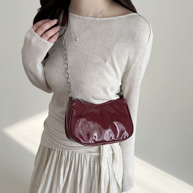Indenis-Faux Leather Chained Strap Shoulder Bag