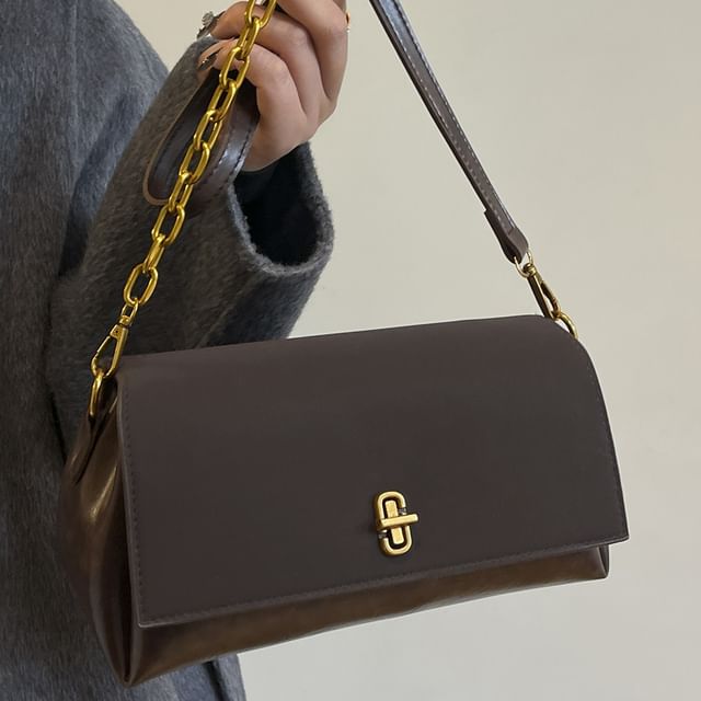 Indenis-Faux Leather Flap Shoulder Bag