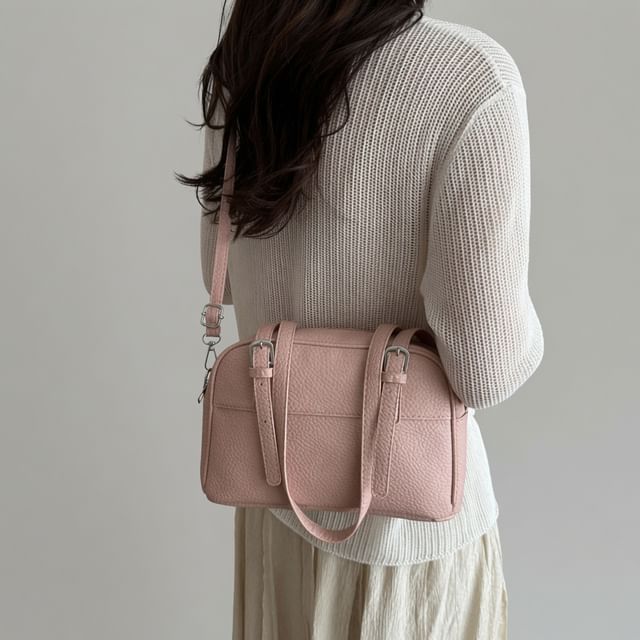 Indenis-Faux Leather Grained Plain Shoulder Bag