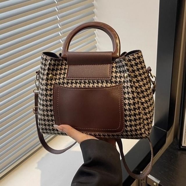 Indenis-Faux Leather Houndstooth Handbag