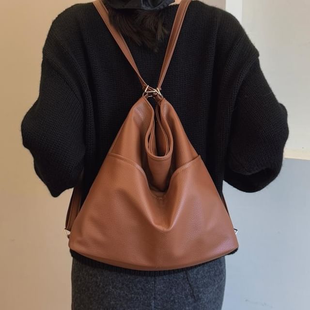 Indenis-Faux Leather Plain Backpack