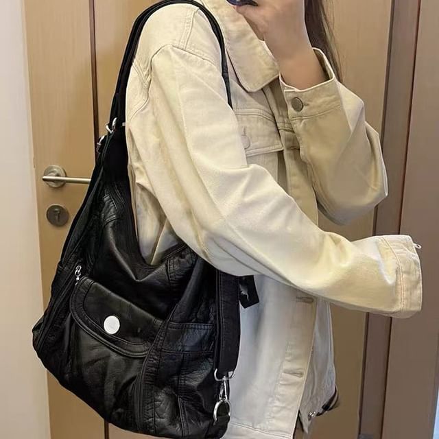 Indenis-Faux Leather Plain Shoulder Bag