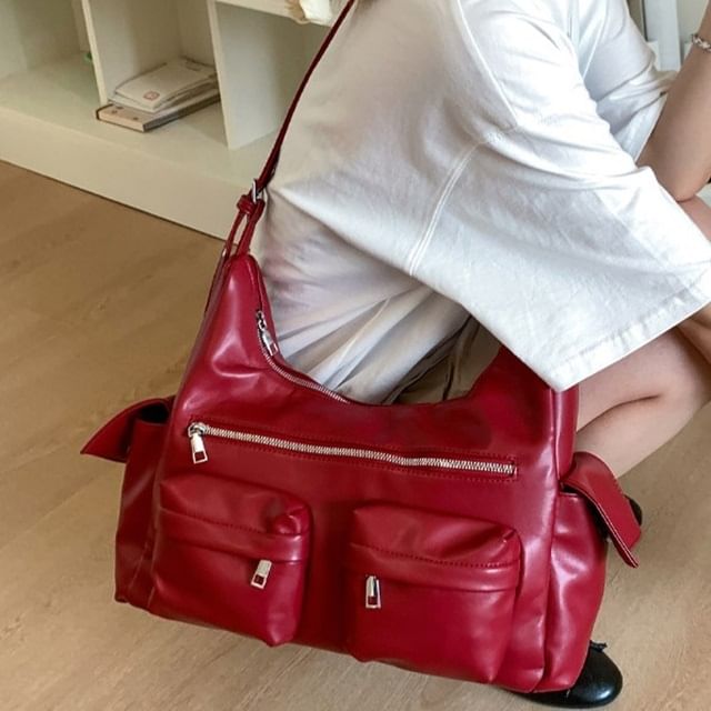Indenis-Faux Leather Plain Shoulder Bag