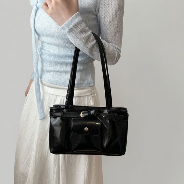 Indenis-Faux Leather Plain Shoulder Bag