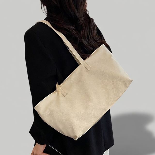 Indenis-Faux Leather Plain Tote Bag