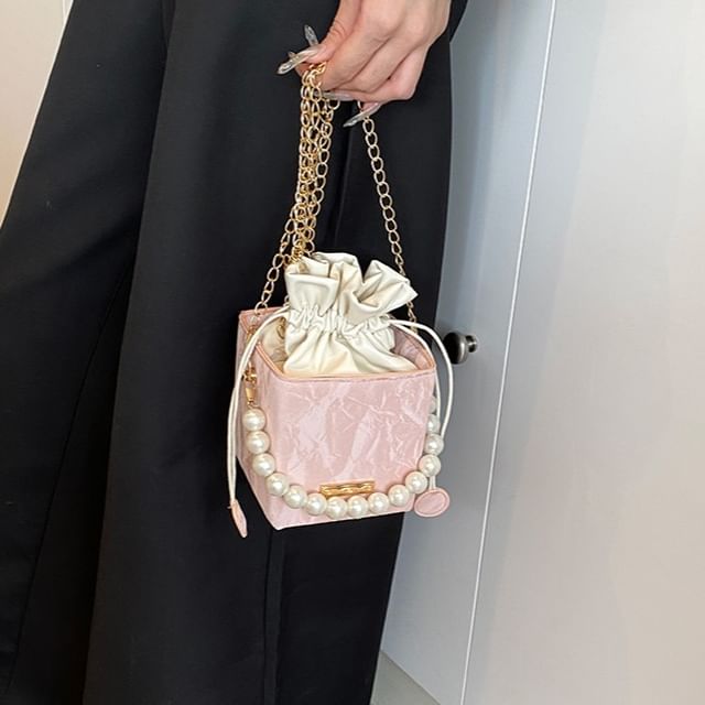Indenis-Faux Pearl Strap Drawstring Bucket Bag