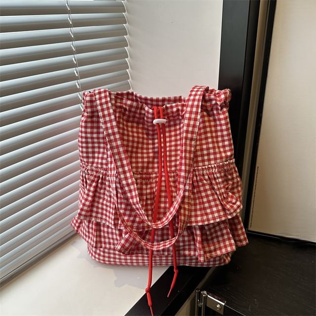 Indenis-Plaid Ruffle Trim Tote Bag