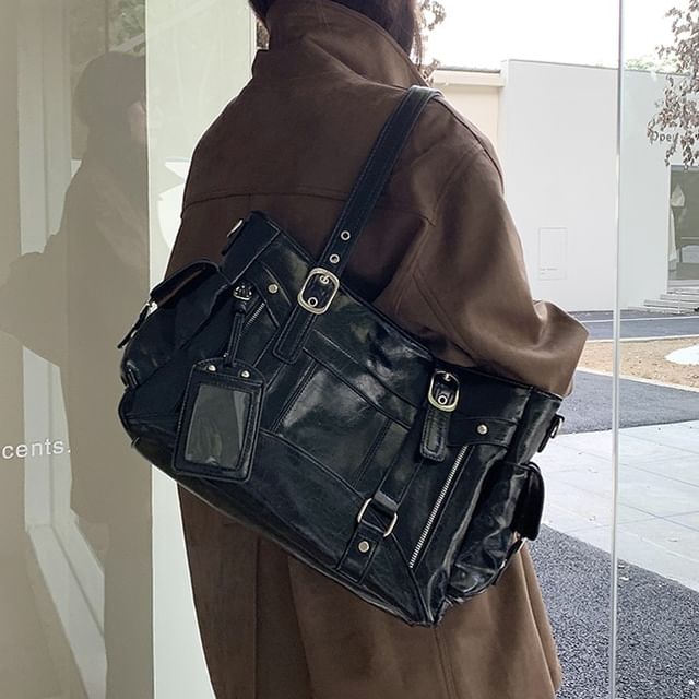 Indenis-Plain Buckled Faux Leather Tote Bag