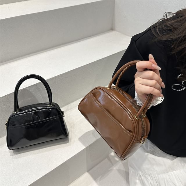 Indenis-Plain Faux Leather Bowler Bag