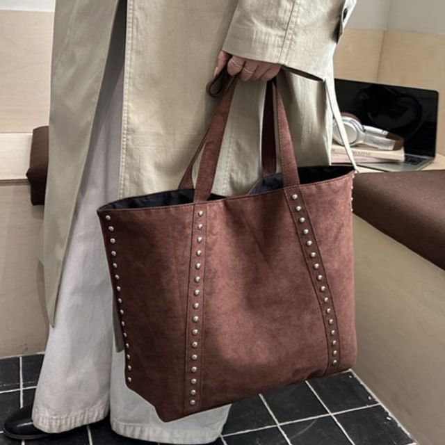 Indenis-Plain Studded Faux Suede Tote Bag