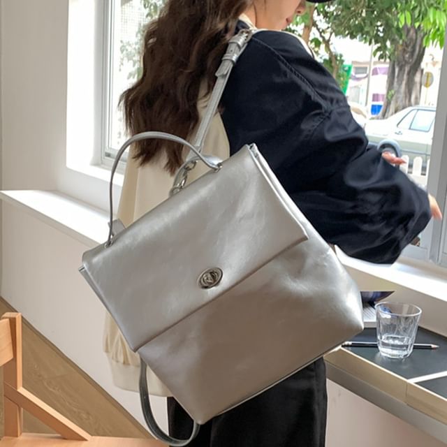 Indenis-Plain Twist Lock Faux Leather Backpack