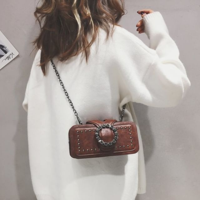 Indenis-Rhinestone Buckled Studded Crossbody Bag